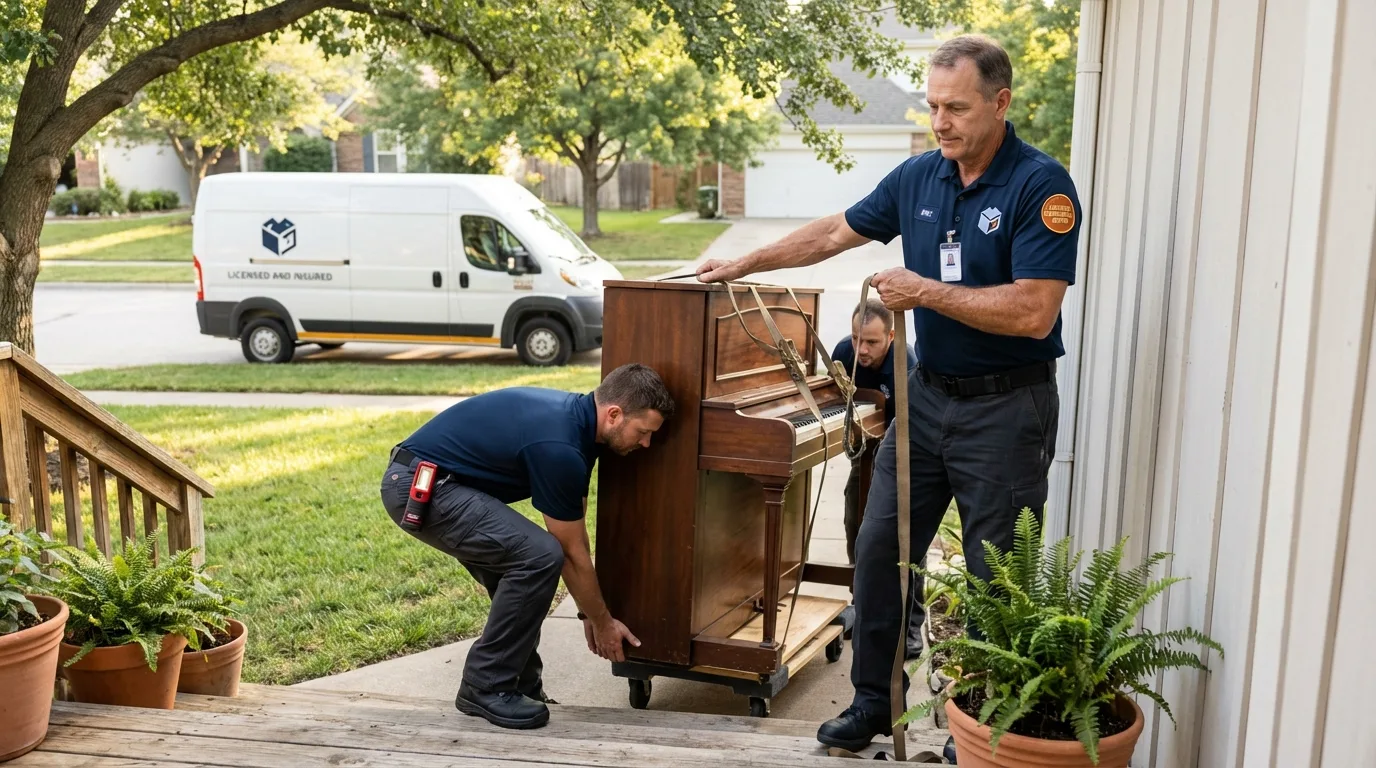 Licensed piano movers securing grand piano in San Lorenzo, PR