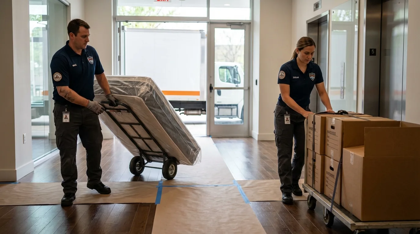 Professional apartment movers loading elevator in San Lorenzo, PR
