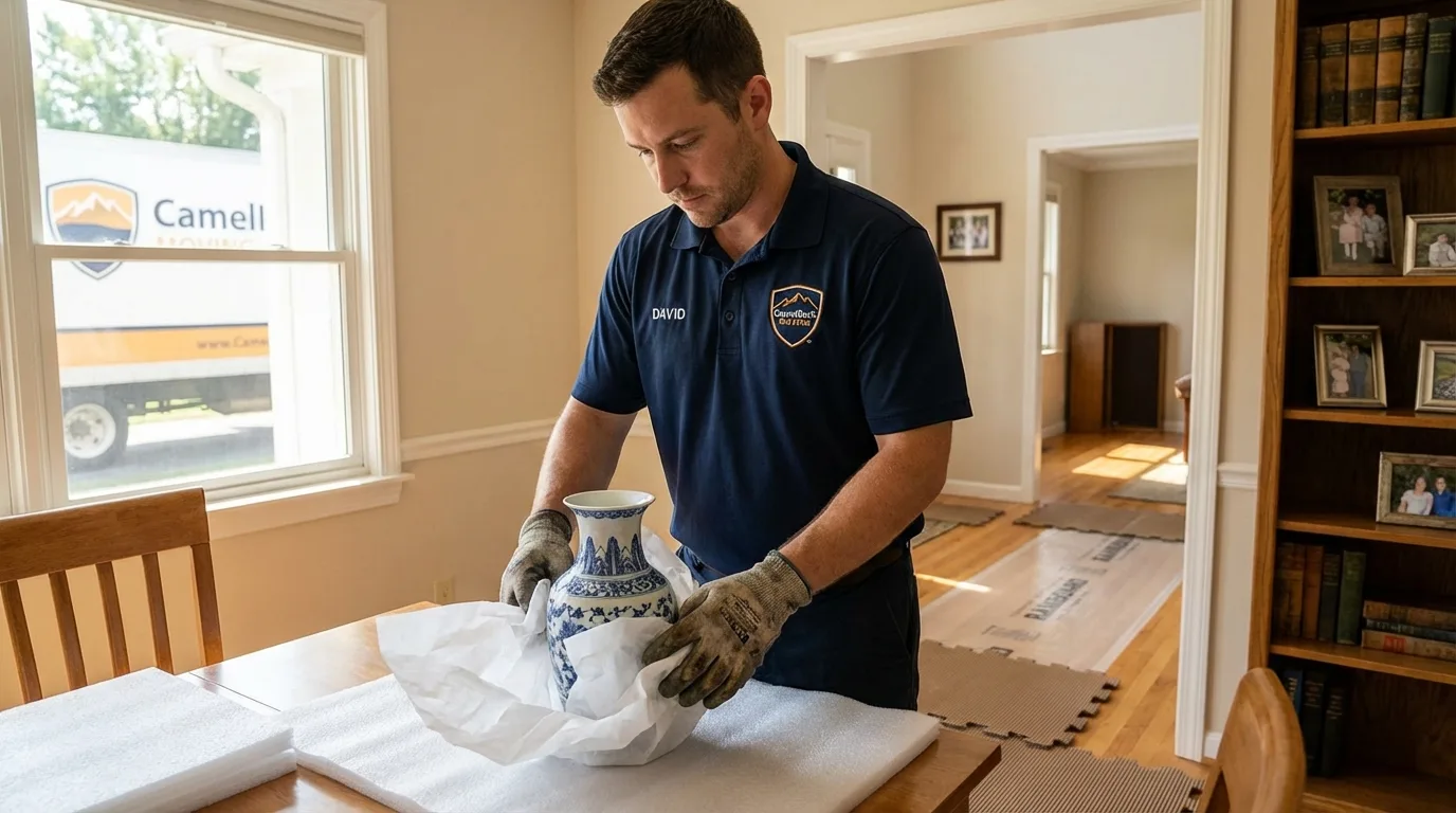 Professional crew carefully wrapping antique vase for senior downsizing move in San Lorenzo, PR