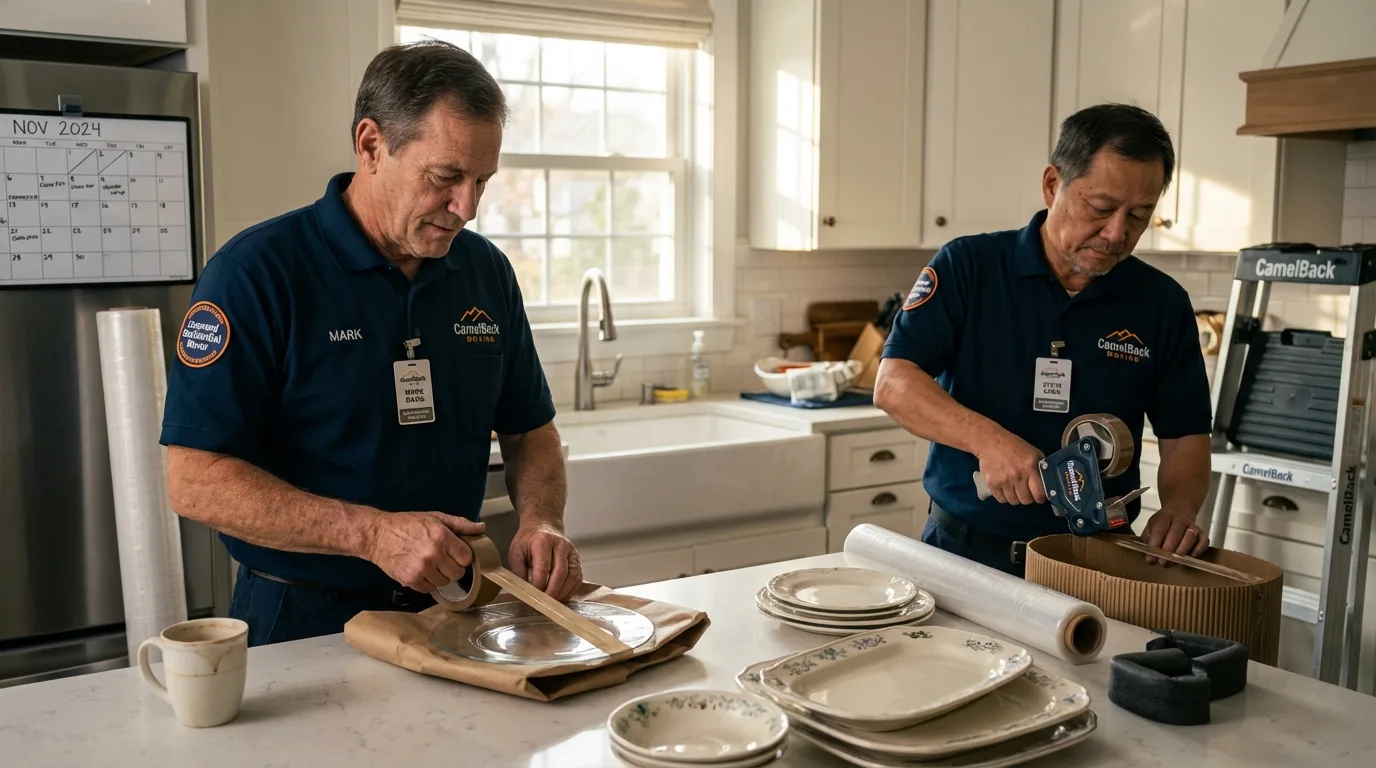 Professional crew packing kitchen dishware in San Lorenzo, PR